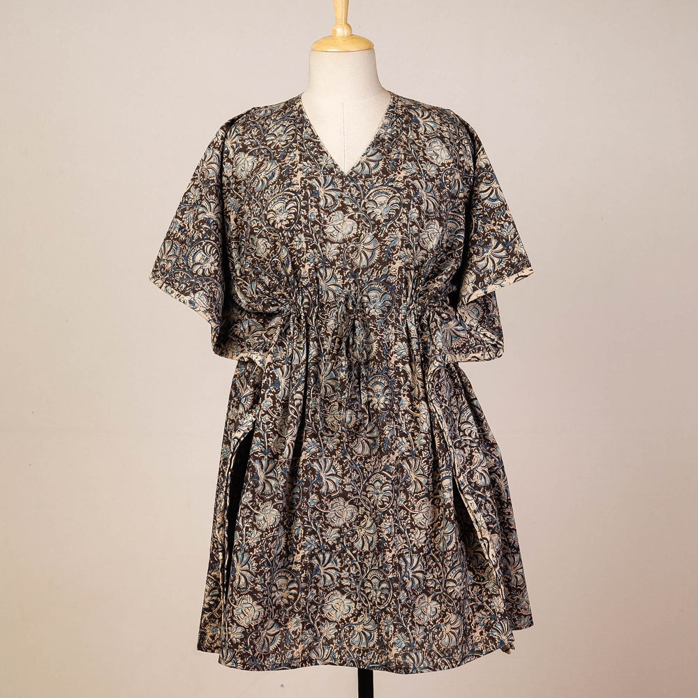Black - Block Print Cotton Kalamkari Kaftan with Tie-Up Waist (Medium)