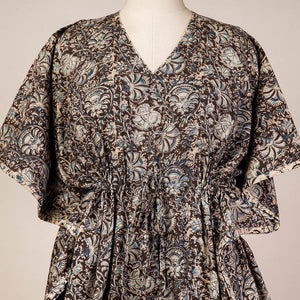 Black - Block Print Cotton Kalamkari Kaftan with Tie-Up Waist (Medium)