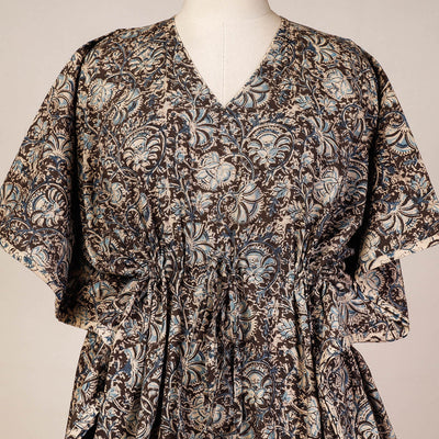 Black - Block Print Cotton Kalamkari Kaftan with Tie-Up Waist (Medium)