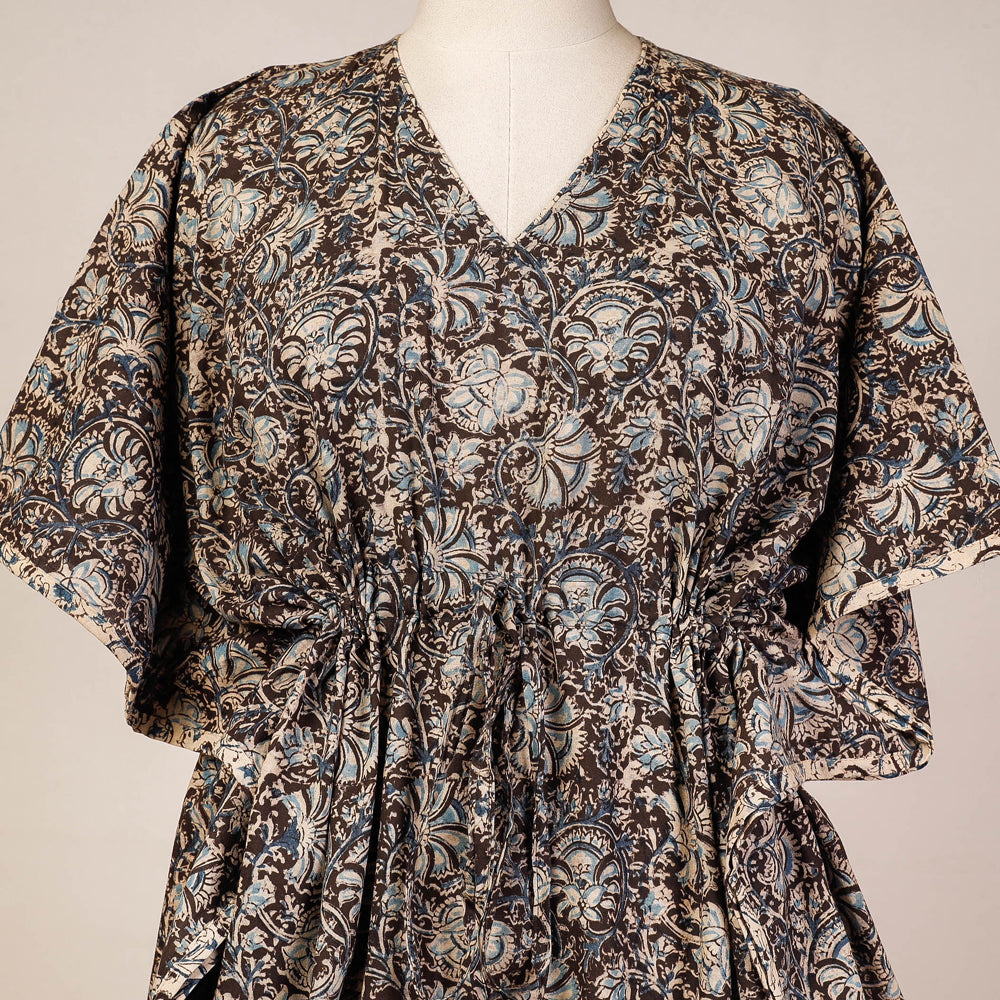 Black - Block Print Cotton Kalamkari Kaftan with Tie-Up Waist (Medium)