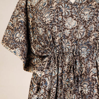 Black - Block Print Cotton Kalamkari Kaftan with Tie-Up Waist (Medium)