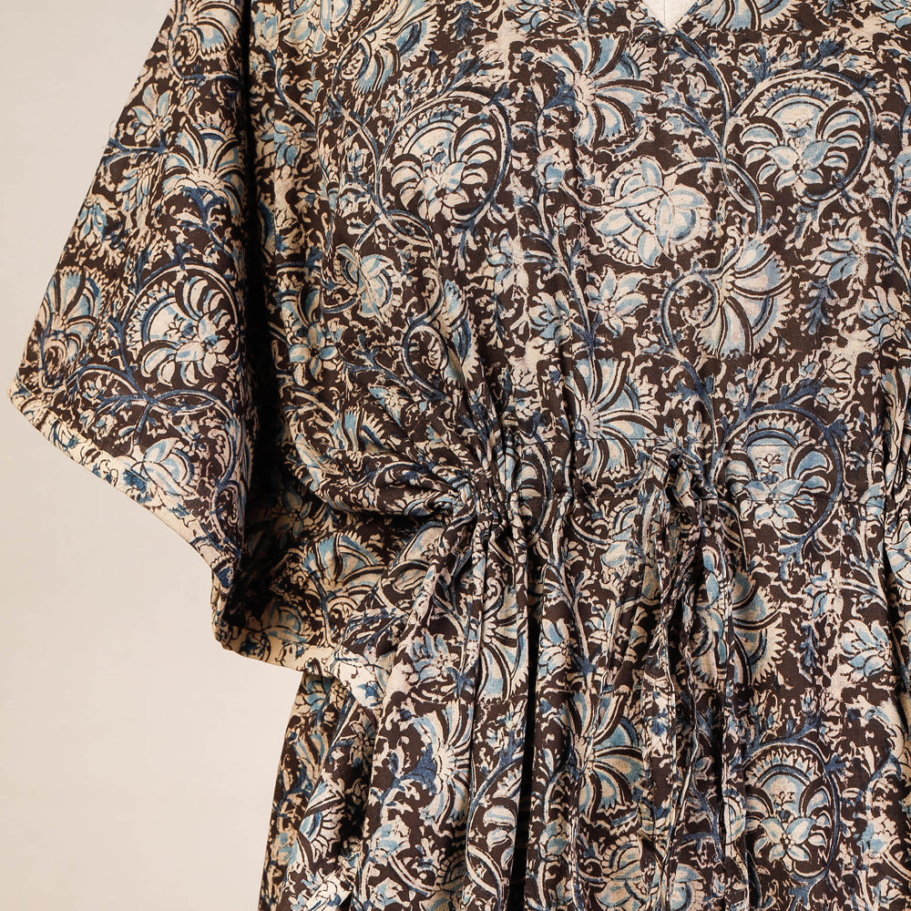 Black - Block Print Cotton Kalamkari Kaftan with Tie-Up Waist (Medium)