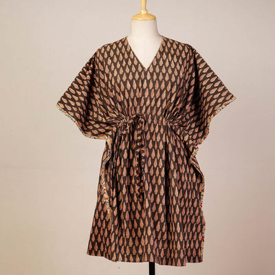 Brown - Block Print Cotton Kalamkari Kaftan with Tie-Up Waist (Medium)