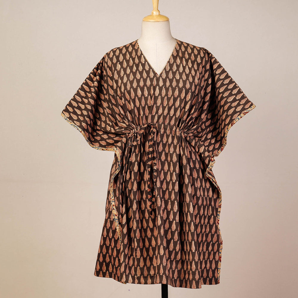 Brown - Block Print Cotton Kalamkari Kaftan with Tie-Up Waist (Medium)