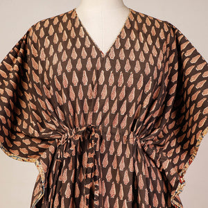 Brown - Block Print Cotton Kalamkari Kaftan with Tie-Up Waist (Medium)