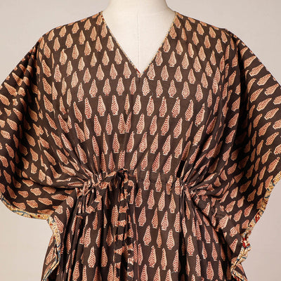 Brown - Block Print Cotton Kalamkari Kaftan with Tie-Up Waist (Medium)