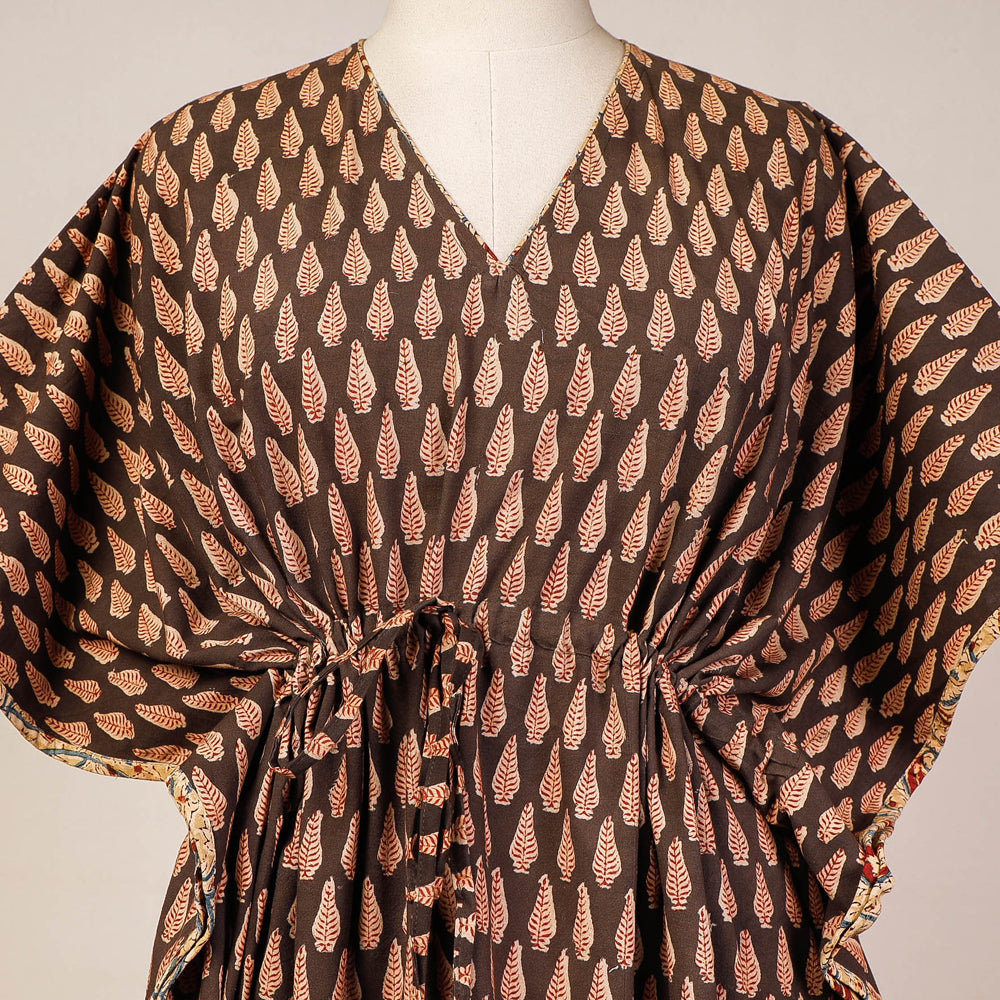 Brown - Block Print Cotton Kalamkari Kaftan with Tie-Up Waist (Medium)