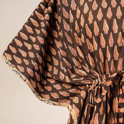 Brown - Block Print Cotton Kalamkari Kaftan with Tie-Up Waist (Medium)