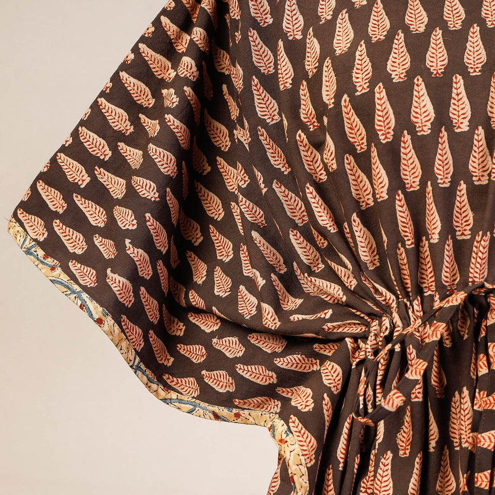 Brown - Block Print Cotton Kalamkari Kaftan with Tie-Up Waist (Medium)