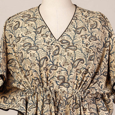 Beige - Block Print Cotton Kalamkari Kaftan with Tie-Up Waist (Medium)