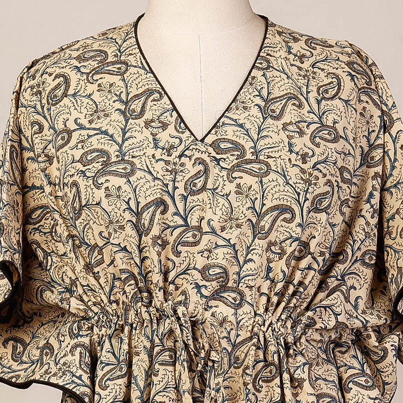Beige - Block Print Cotton Kalamkari Kaftan with Tie-Up Waist (Medium)