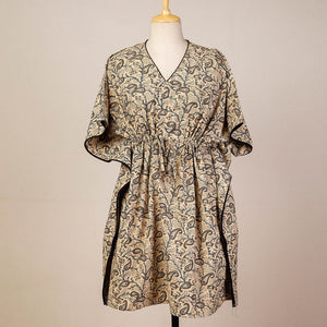 Beige - Block Print Cotton Kalamkari Kaftan with Tie-Up Waist (Medium)