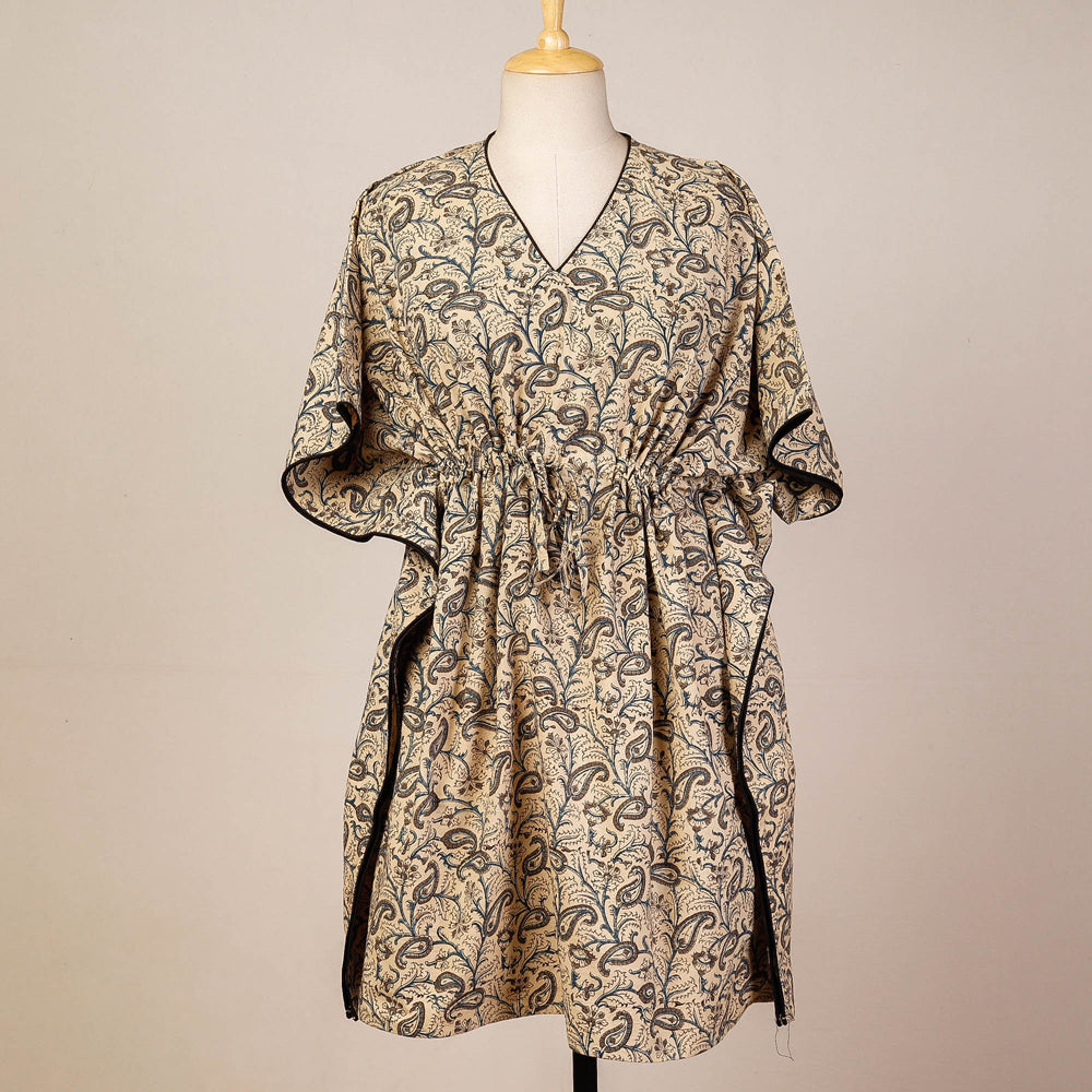 Beige - Block Print Cotton Kalamkari Kaftan with Tie-Up Waist (Medium)