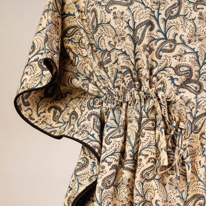 Beige - Block Print Cotton Kalamkari Kaftan with Tie-Up Waist (Medium)