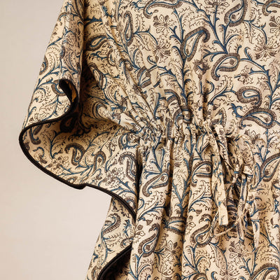 Beige - Block Print Cotton Kalamkari Kaftan with Tie-Up Waist (Medium)