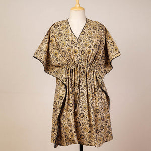 Beige - Block Print Cotton Kalamkari Kaftan with Tie-Up Waist (Medium)