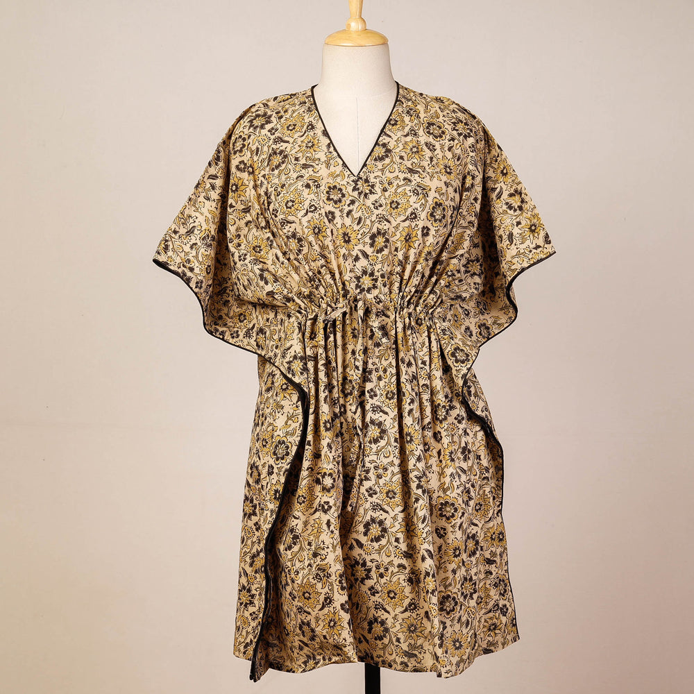 Beige - Block Print Cotton Kalamkari Kaftan with Tie-Up Waist (Medium)