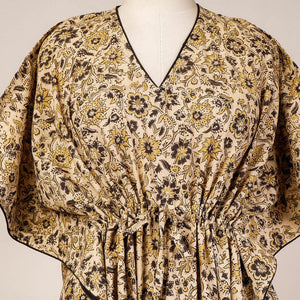 Beige - Block Print Cotton Kalamkari Kaftan with Tie-Up Waist (Medium)