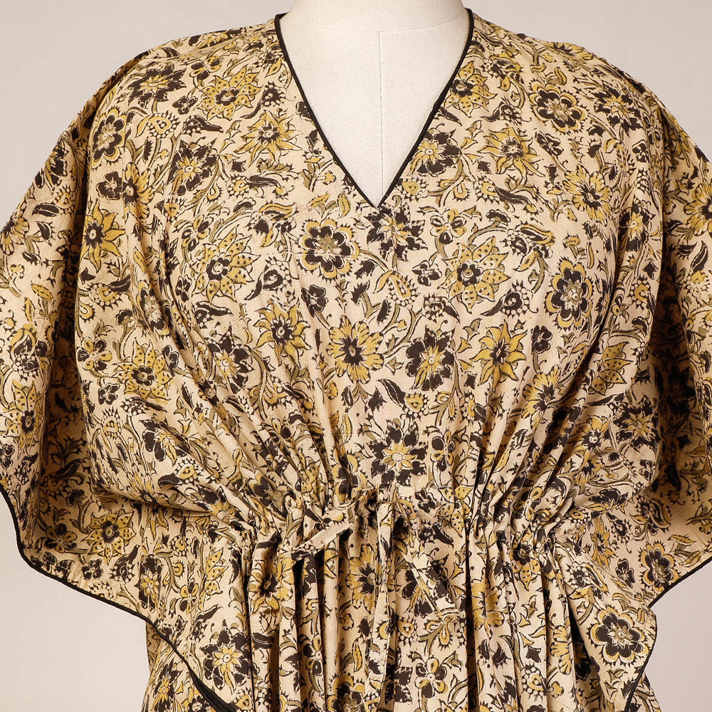Beige - Block Print Cotton Kalamkari Kaftan with Tie-Up Waist (Medium)