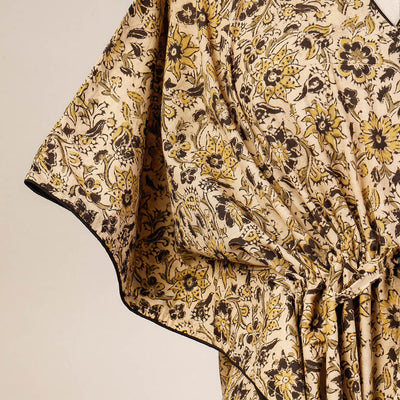 Beige - Block Print Cotton Kalamkari Kaftan with Tie-Up Waist (Medium)