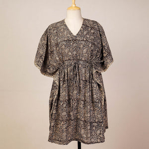 Black - Block Print Cotton Kalamkari Kaftan with Tie-Up Waist (Medium)