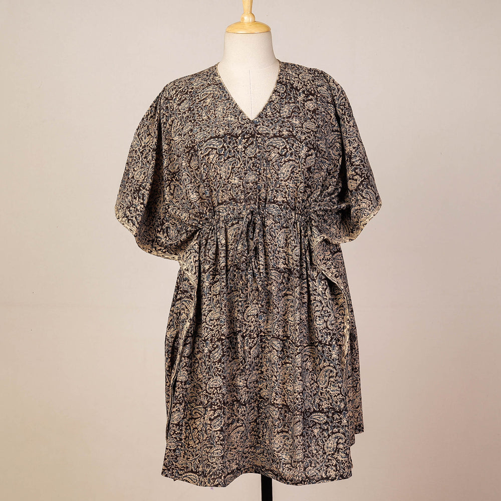 Black - Block Print Cotton Kalamkari Kaftan with Tie-Up Waist (Medium)