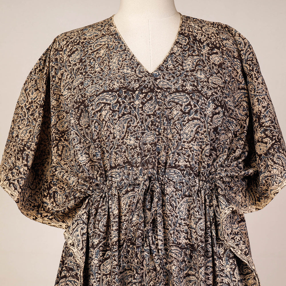 Black - Block Print Cotton Kalamkari Kaftan with Tie-Up Waist (Medium)