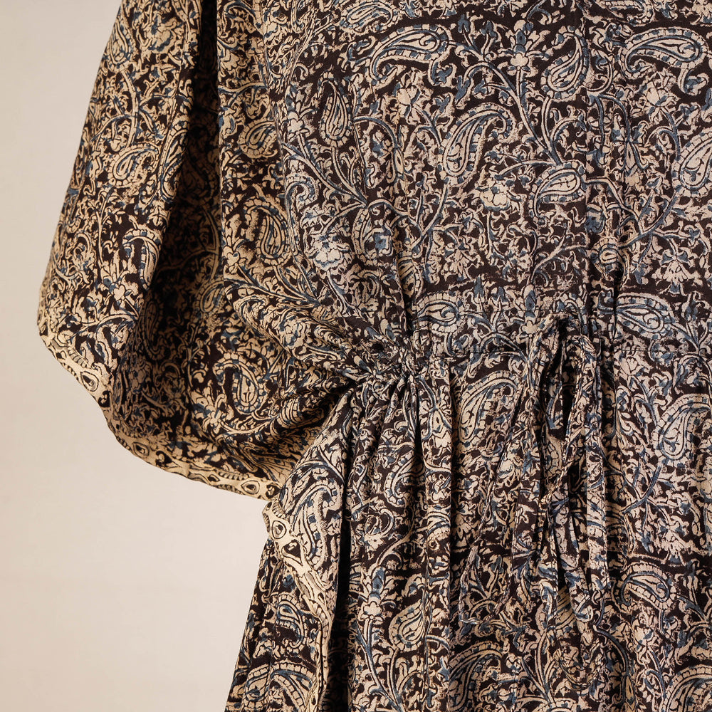 Black - Block Print Cotton Kalamkari Kaftan with Tie-Up Waist (Medium)