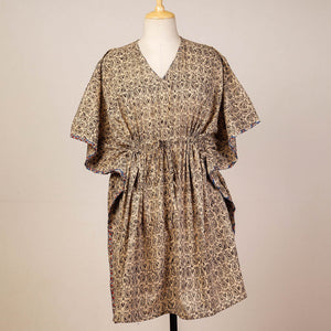 Beige - Block Print Cotton Kalamkari Kaftan with Tie-Up Waist (Medium)