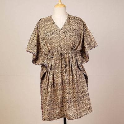 Beige - Block Print Cotton Kalamkari Kaftan with Tie-Up Waist (Medium)