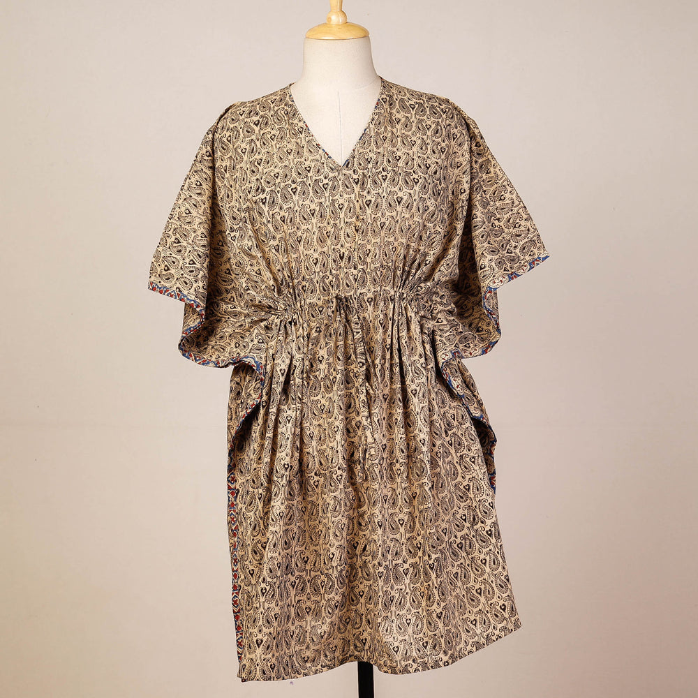 Beige - Block Print Cotton Kalamkari Kaftan with Tie-Up Waist (Medium)