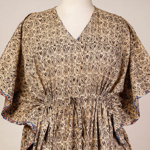 Beige - Block Print Cotton Kalamkari Kaftan with Tie-Up Waist (Medium)