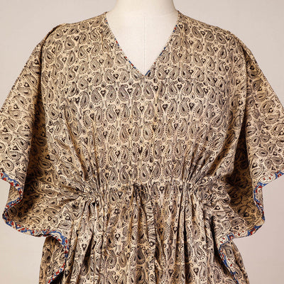 Beige - Block Print Cotton Kalamkari Kaftan with Tie-Up Waist (Medium)