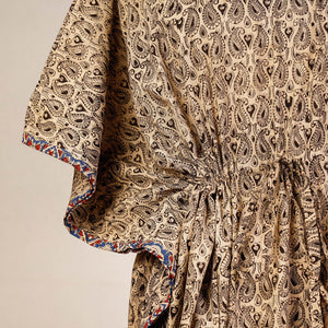 Beige - Block Print Cotton Kalamkari Kaftan with Tie-Up Waist (Medium)
