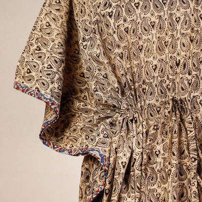 Beige - Block Print Cotton Kalamkari Kaftan with Tie-Up Waist (Medium)