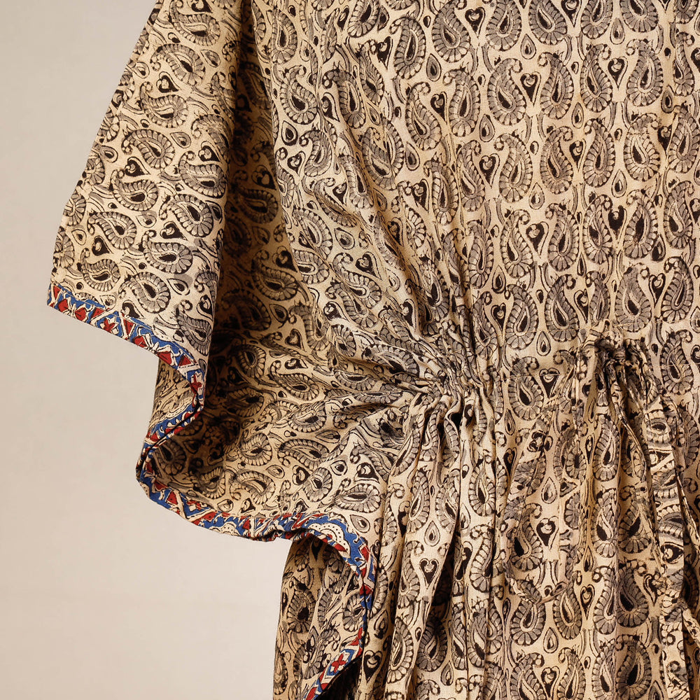 Beige - Block Print Cotton Kalamkari Kaftan with Tie-Up Waist (Medium)