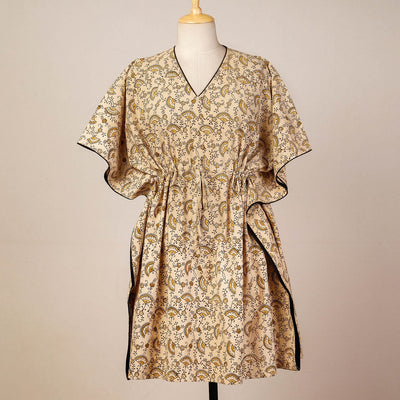 Beige - Block Print Cotton Kalamkari Kaftan with Tie-Up Waist (Medium)