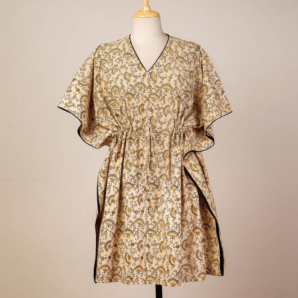 Beige - Block Print Cotton Kalamkari Kaftan with Tie-Up Waist (Medium)