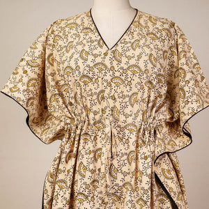 Beige - Block Print Cotton Kalamkari Kaftan with Tie-Up Waist (Medium)