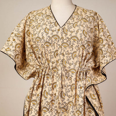 Beige - Block Print Cotton Kalamkari Kaftan with Tie-Up Waist (Medium)