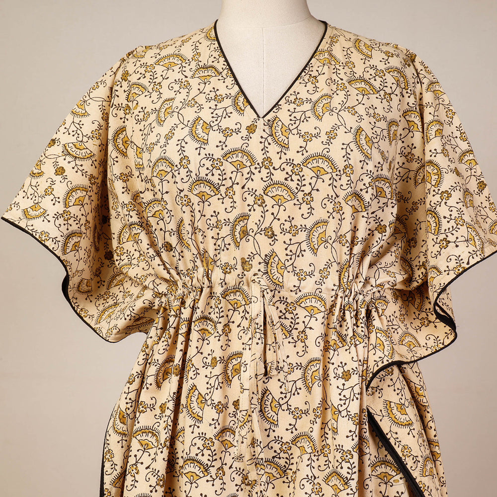 Beige - Block Print Cotton Kalamkari Kaftan with Tie-Up Waist (Medium)