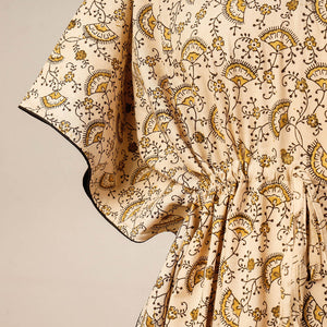 Beige - Block Print Cotton Kalamkari Kaftan with Tie-Up Waist (Medium)