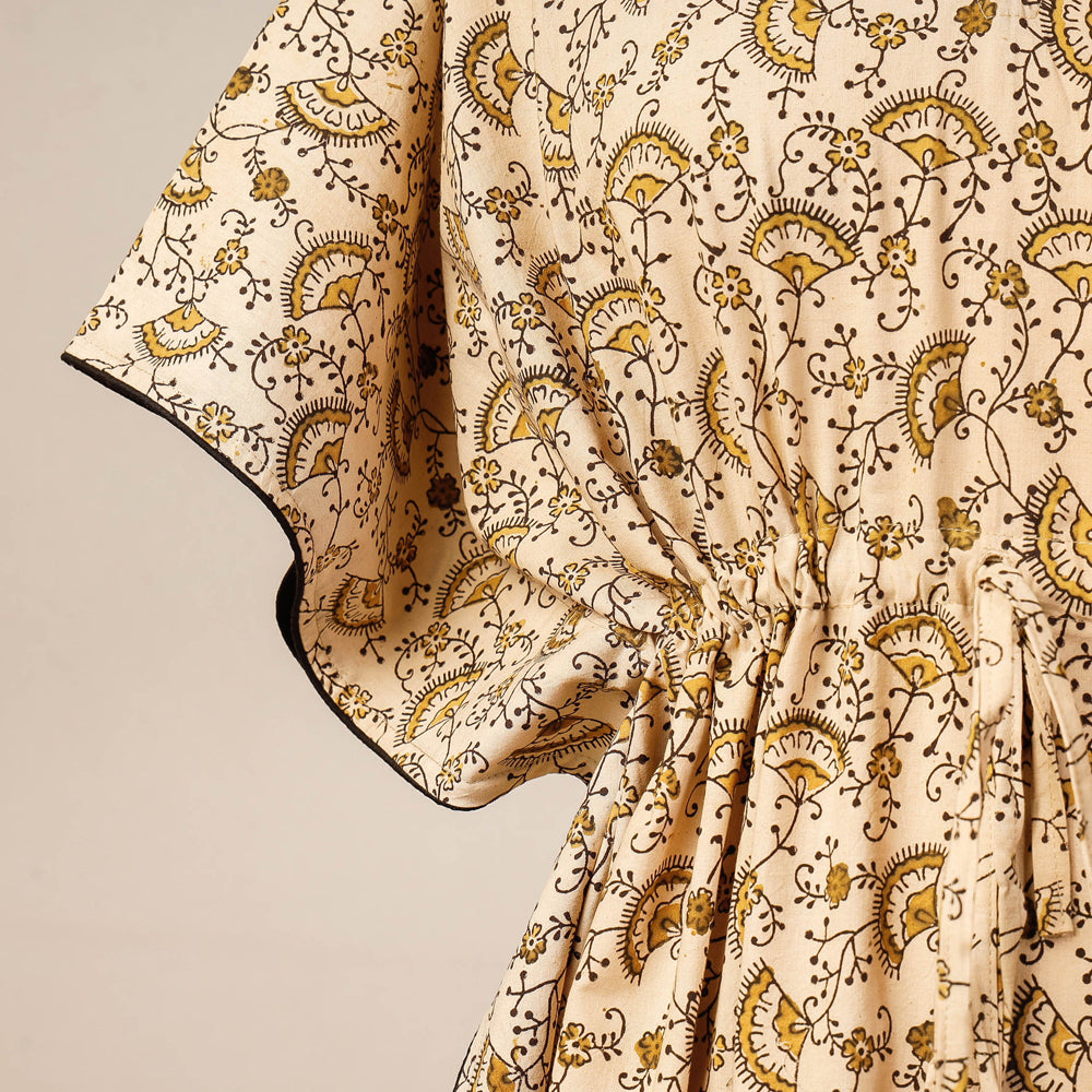 Beige - Block Print Cotton Kalamkari Kaftan with Tie-Up Waist (Medium)