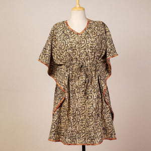 Beige - Block Print Cotton Kalamkari Kaftan with Tie-Up Waist (Medium)