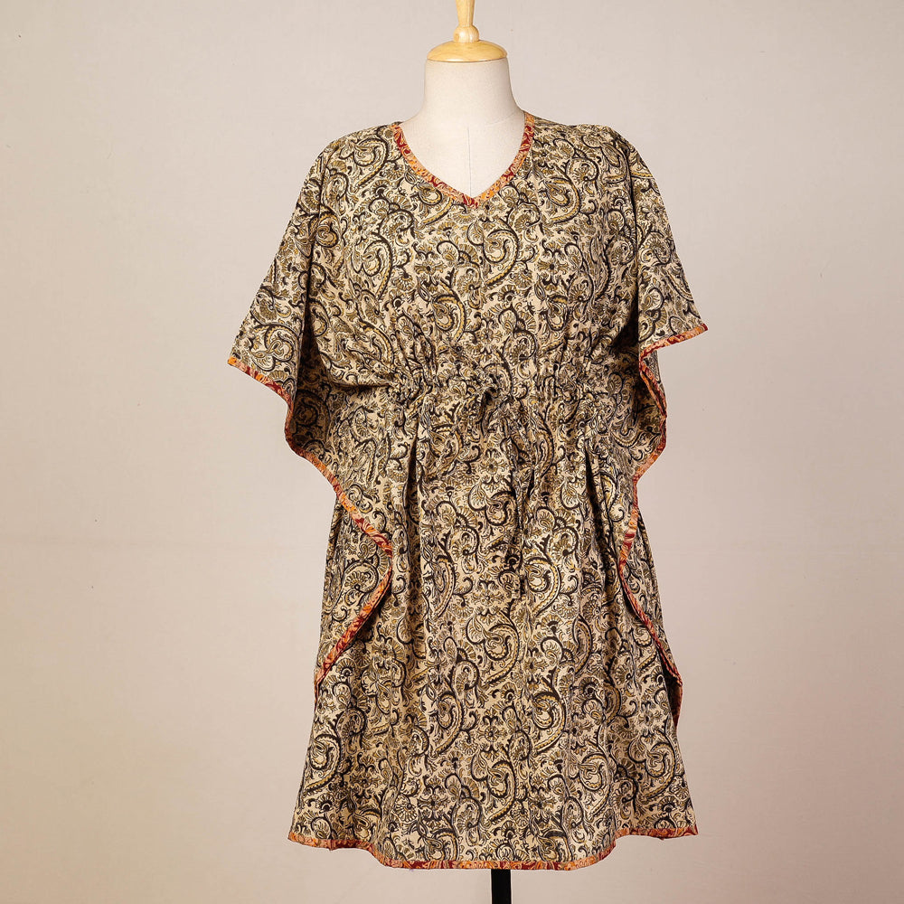 Beige - Block Print Cotton Kalamkari Kaftan with Tie-Up Waist (Medium)