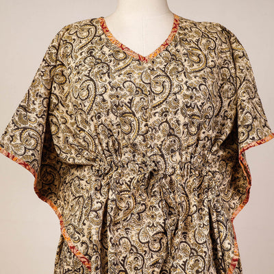 Beige - Block Print Cotton Kalamkari Kaftan with Tie-Up Waist (Medium)