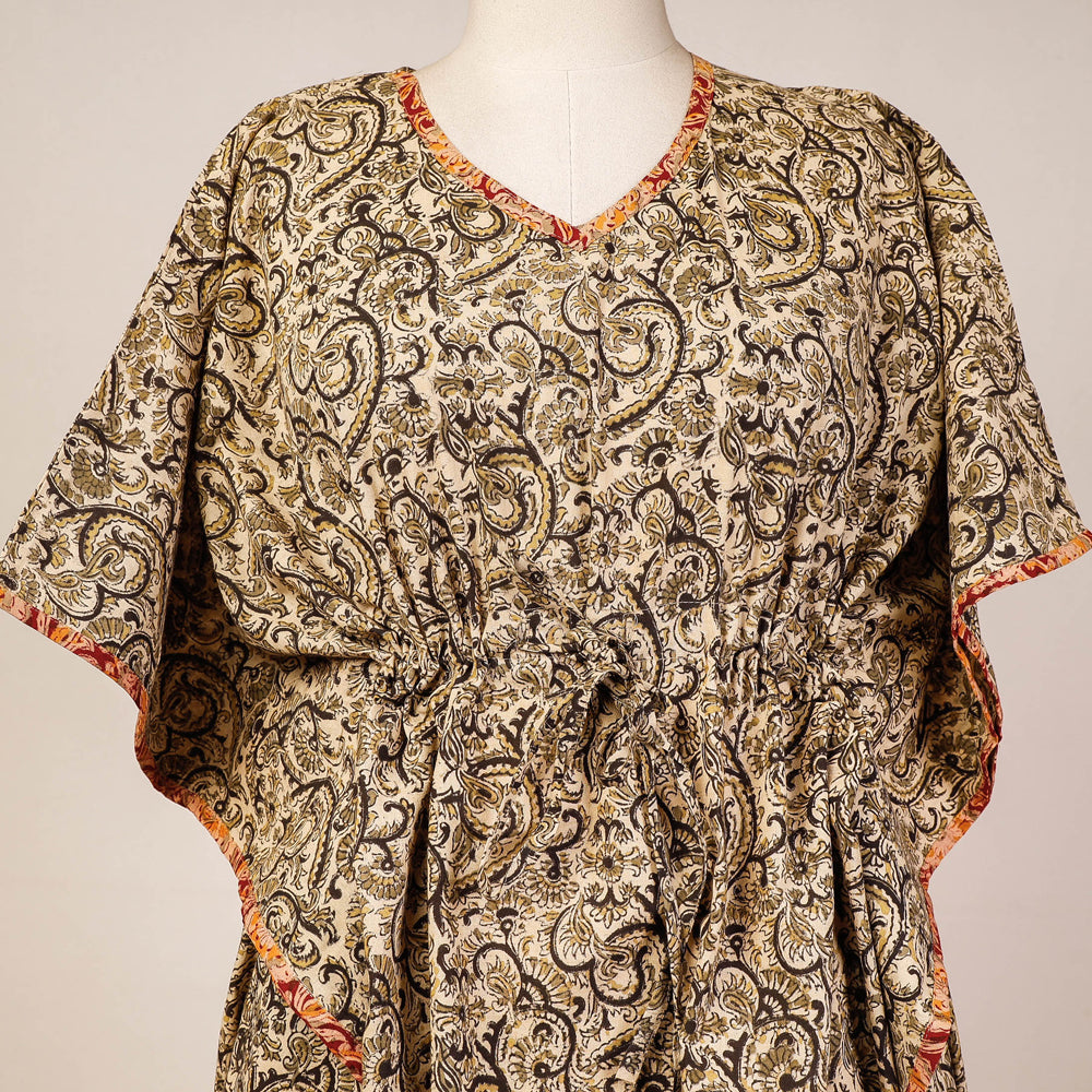 Beige - Block Print Cotton Kalamkari Kaftan with Tie-Up Waist (Medium)