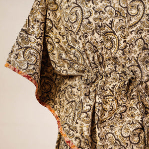 Beige - Block Print Cotton Kalamkari Kaftan with Tie-Up Waist (Medium)