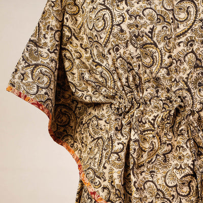 Beige - Block Print Cotton Kalamkari Kaftan with Tie-Up Waist (Medium)