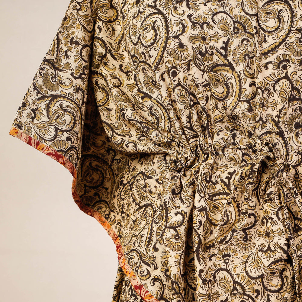 Beige - Block Print Cotton Kalamkari Kaftan with Tie-Up Waist (Medium)